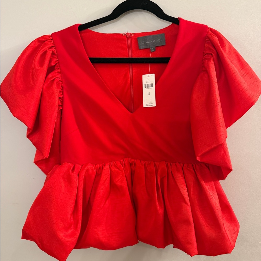Sunday in Brooklyn Anthropologie,NWT, Red V-Neck Puff Sleeve Peplum Blouse, sz.M